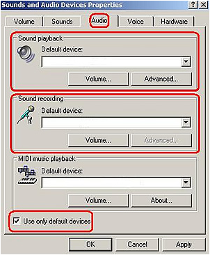 select the default sound playback and sound recording device in Windows XP