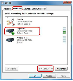 select default recording device in Windows 7