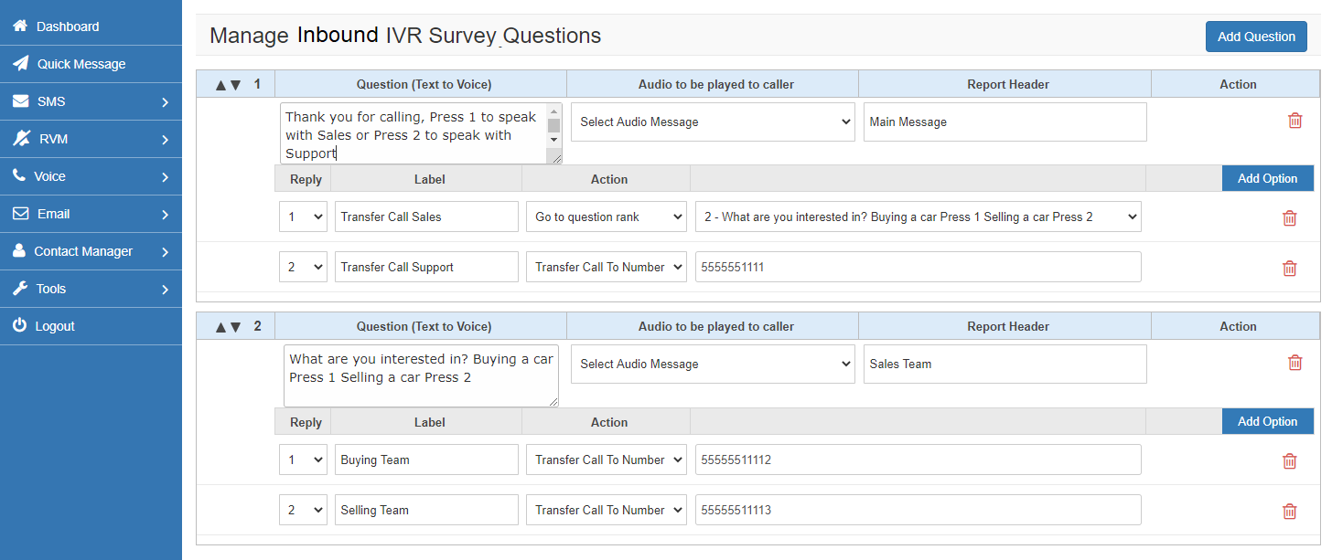Inbound Voice Survey Options