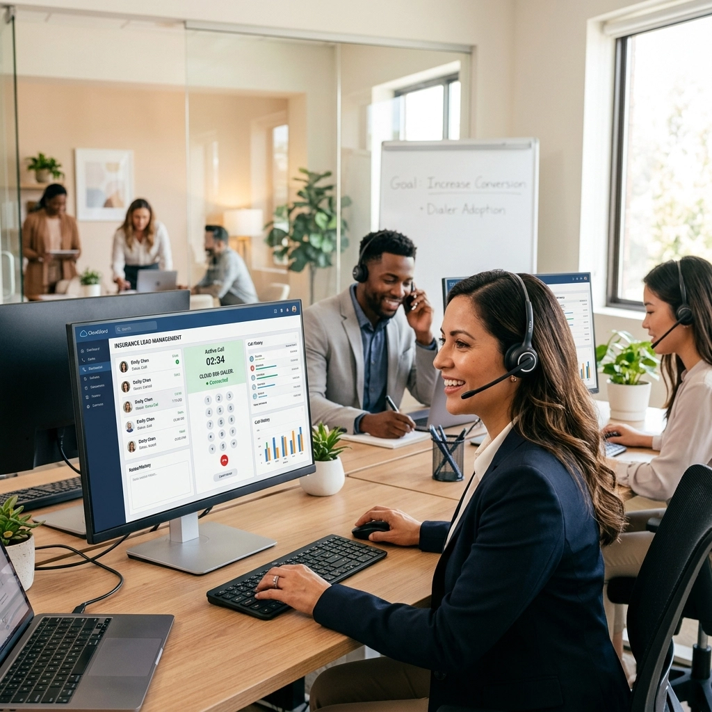 Open office contact center with multiple agents wearing headsets at desktop workstations. Foreground agent is smiling and using a keyboard