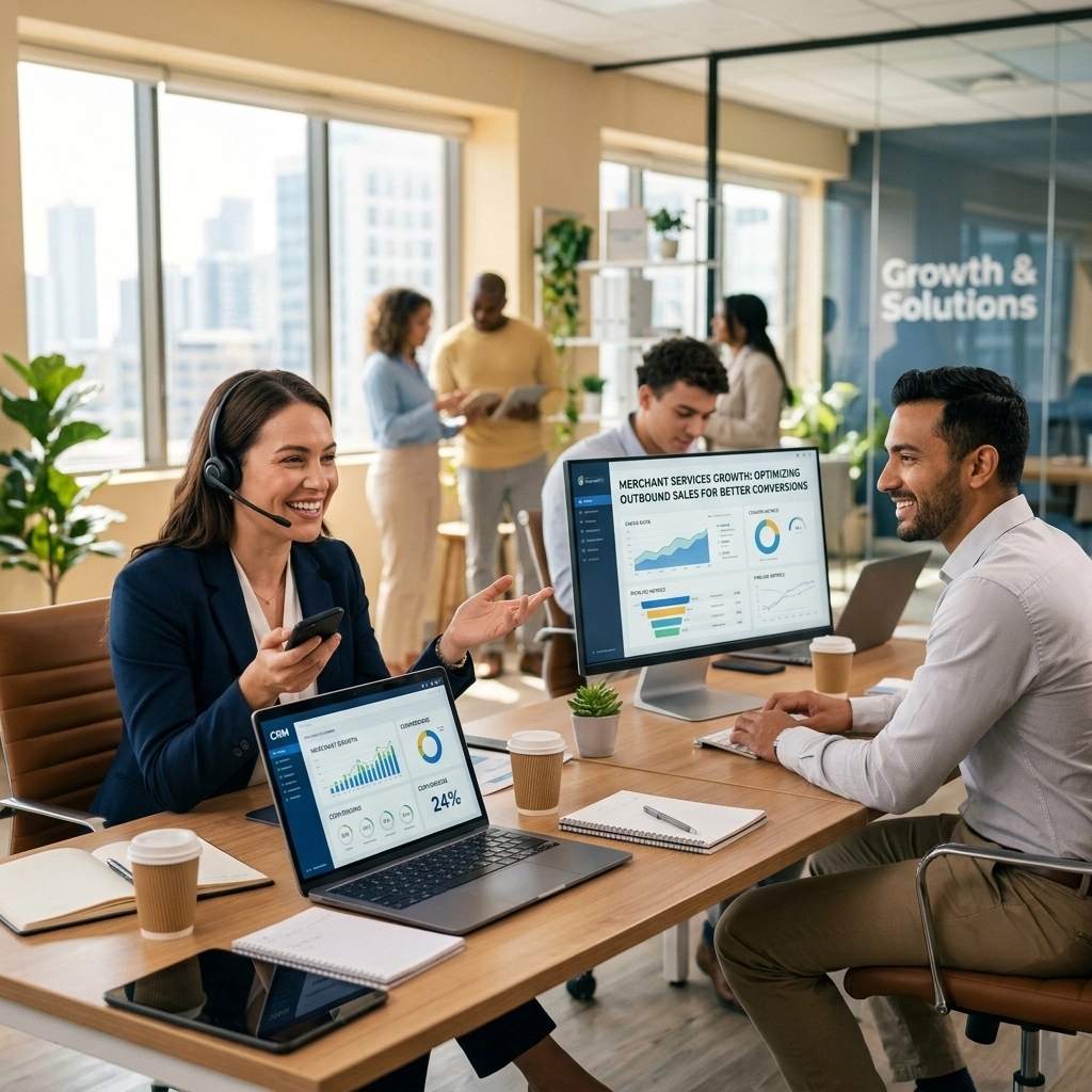Open-plan office scene with two sales/agent staff at a desk. One person wearing a headset is holding a phone and smiling while a colleague