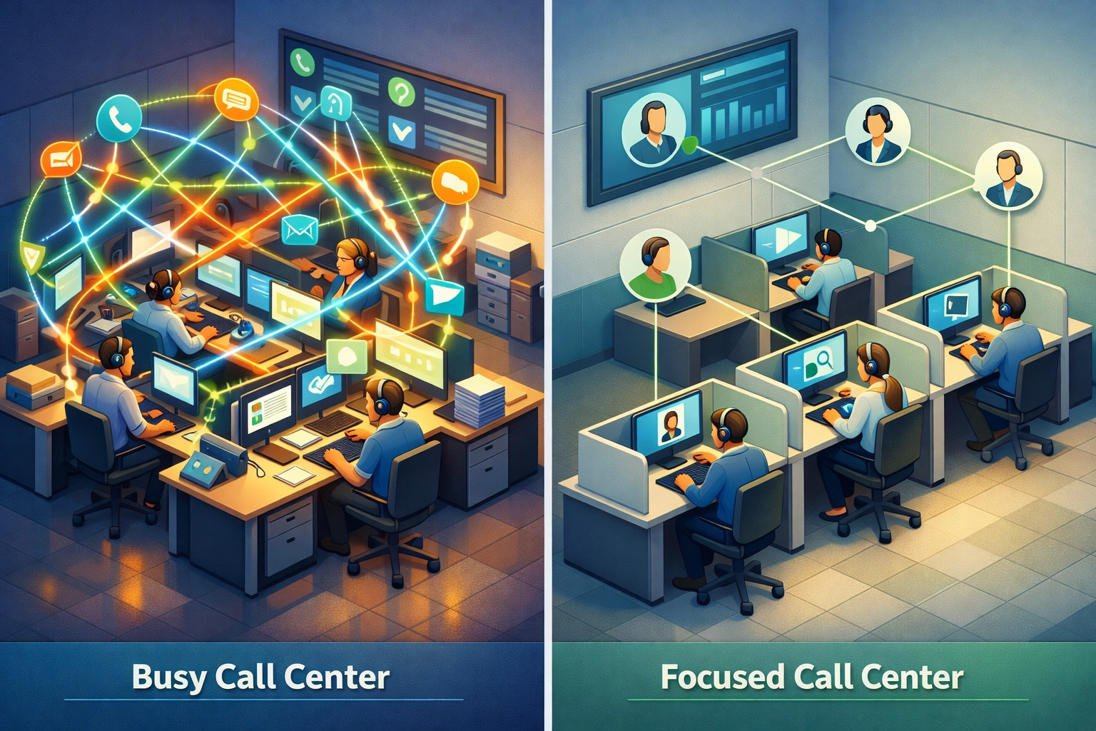 Split illustration comparing two call center scenes: left labeled 