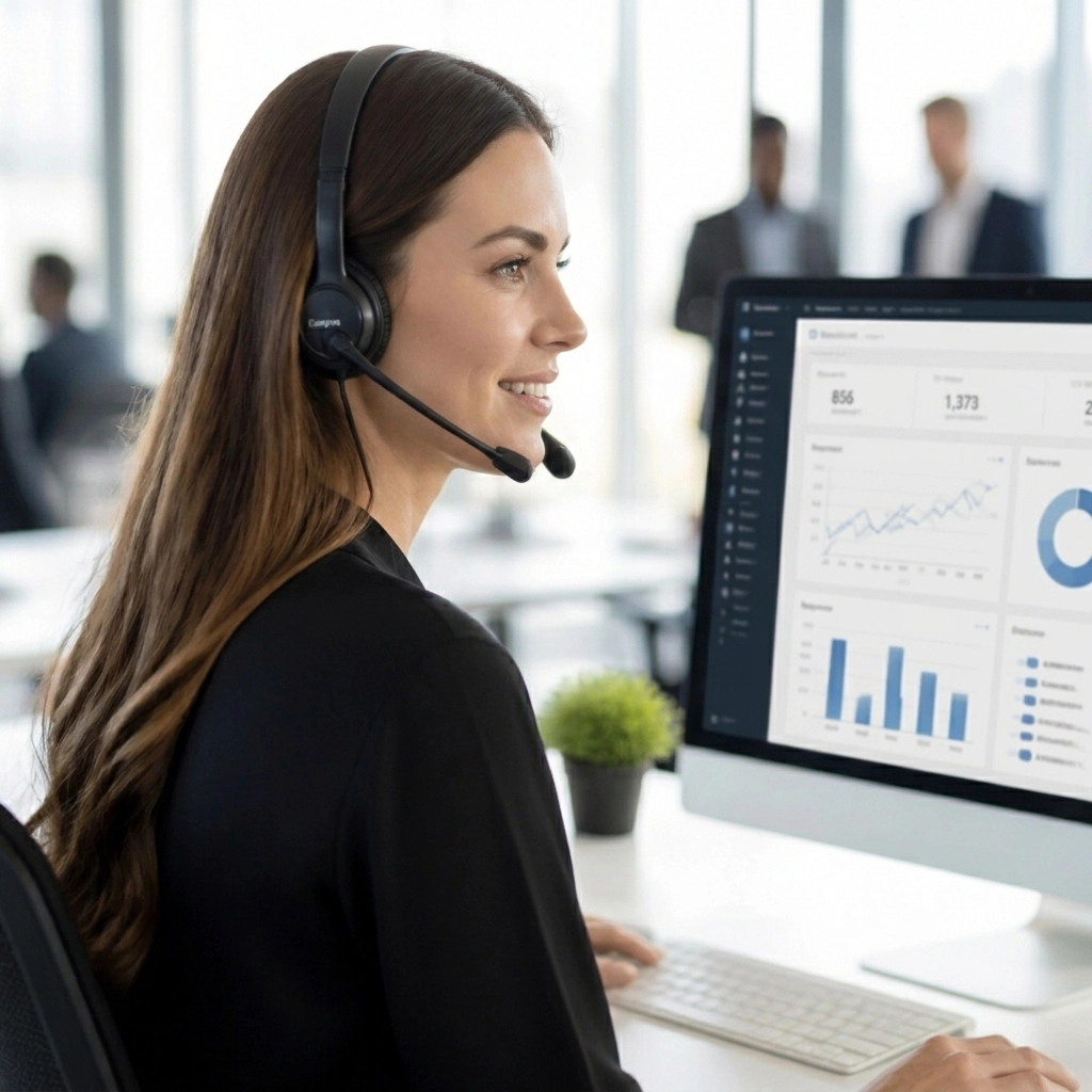Office scene showing a headset-wearing customer service agent seated at a desktop computer. The monitor displays an analytics/dashboard