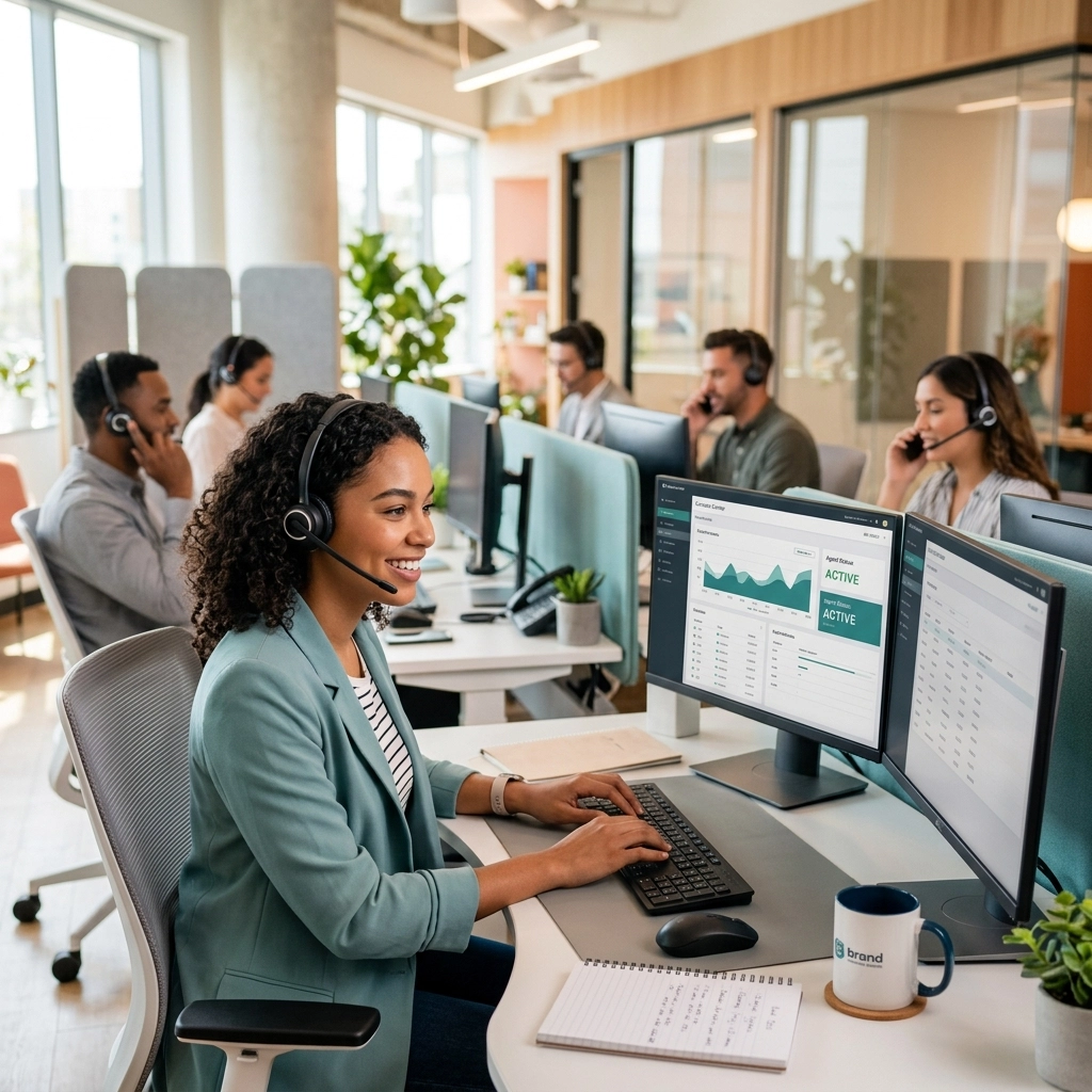 Modern office call center with multiple agents wearing headsets at workstations. Agent in foreground types on a keyboard with dual monitors