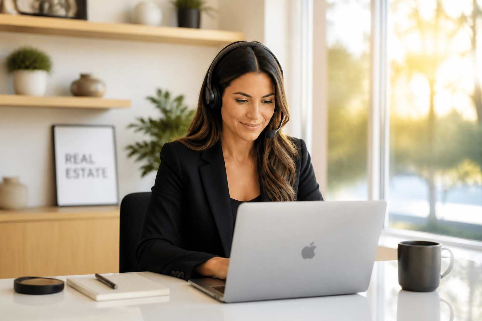 A business professional wearing a headset and working on a laptop at a bright desk in a home/office setting. Desk items include a notebook,