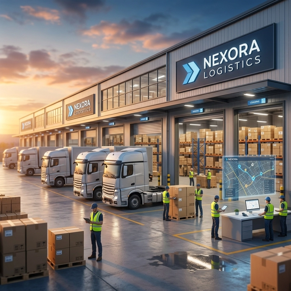 Modern logistics distribution center and loading dock area at sunset. Multiple semi trucks parked at loading bays, open warehouse doors
