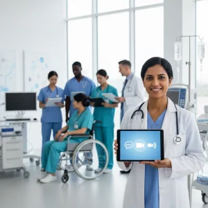 A group of healthcare professionals in a clinical setting. A female doctor in the foreground holds a tablet showing messaging and video