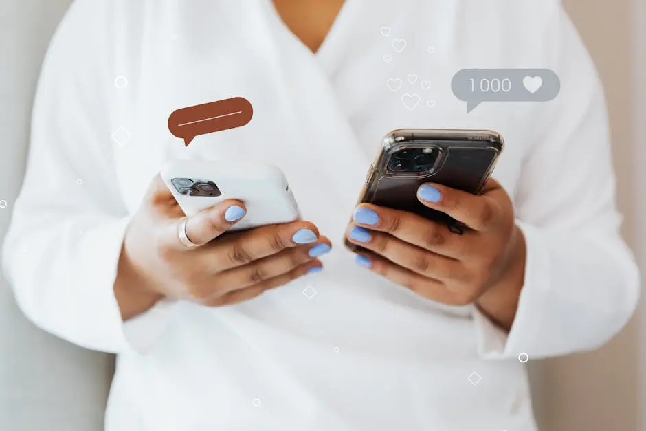 Close-up of a person holding two smartphones, thumbs interacting with devices. Decorative message and engagement bubbles are overlaid (one