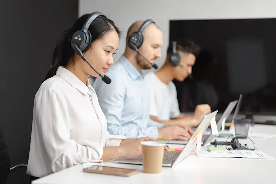 Three call center agents wearing headsets sit at a long desk working on laptops in a modern office environment; papers, a coffee cup, and