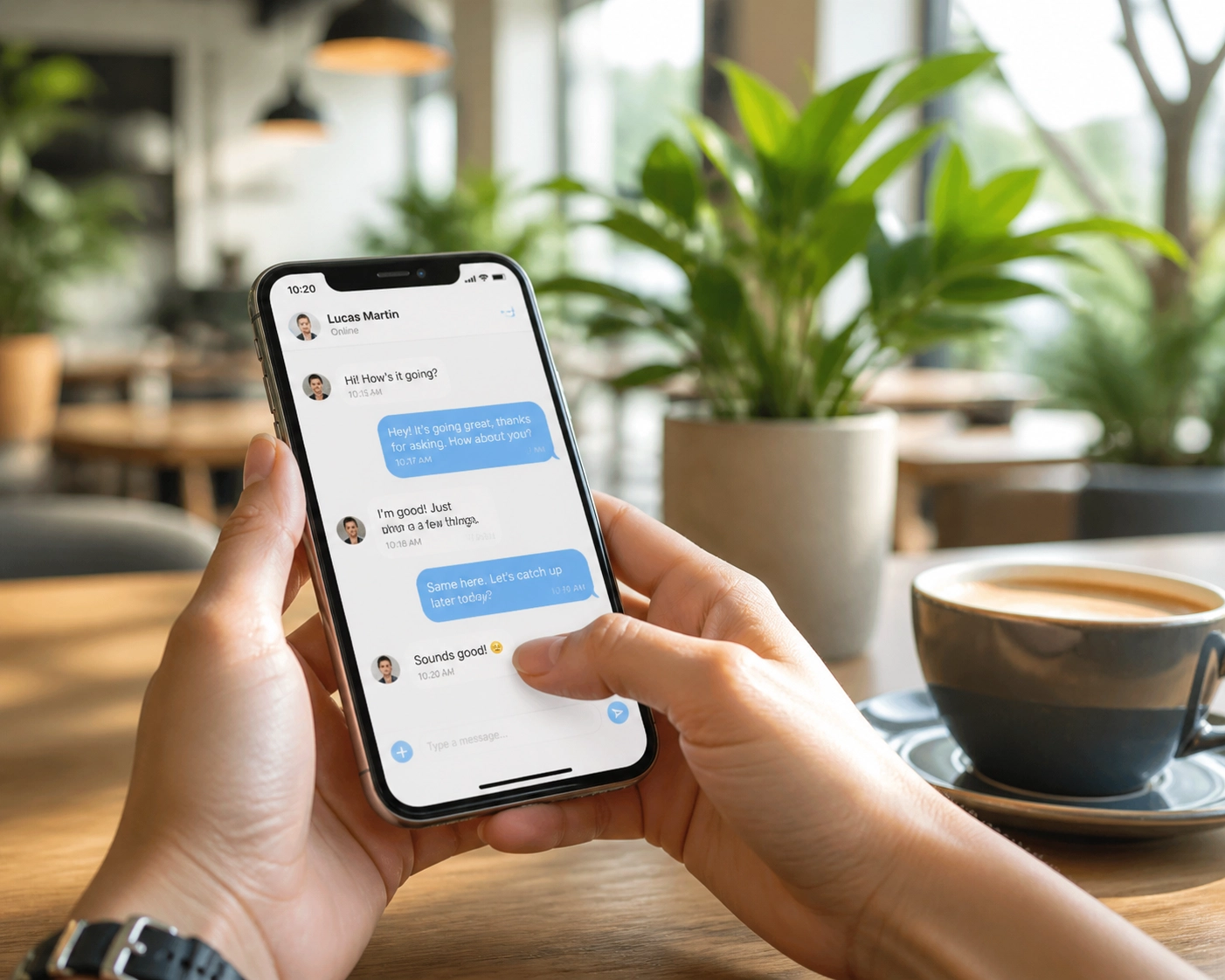 Hands holding a smartphone in a café-like setting. The phone screen shows a one-on-one chat / messaging app with blue and gray message