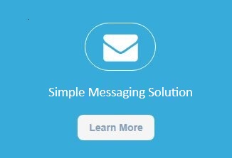 Blue promotional graphic with a white envelope icon above the text 'Simple Messaging Solution' and a 'Learn More' button