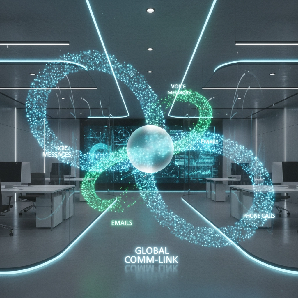 Futuristic office interior with a holographic globe and three interconnected particle rings labeled