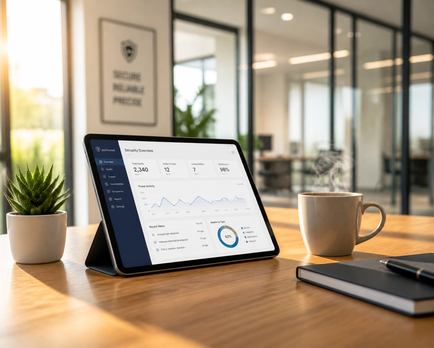 Tablet propped on a wooden desk in a modern office showing a compliance-related business communication dashboard